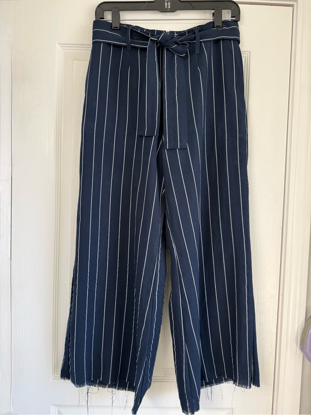 Storia Navy Pinstripe Tie-Waist Wide Leg Pants